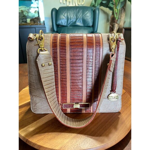 Brahmin Ophelia Satchel Tan Brown Gold Purse Bag Charm - Picture 2 of 11